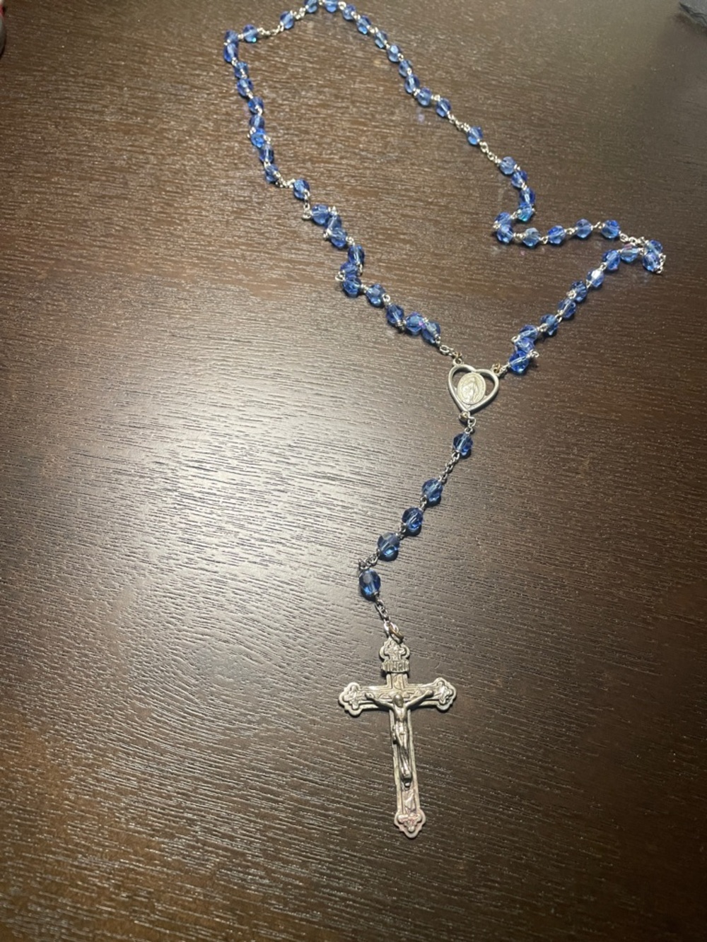 Blue Rosary Necklace with Silver Crucifix